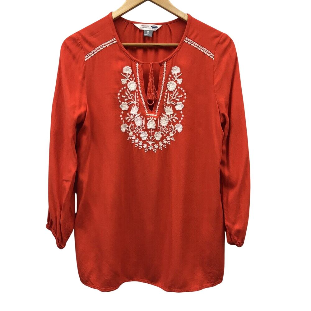 Old Navy Top Womens XS Orange White Embroidered